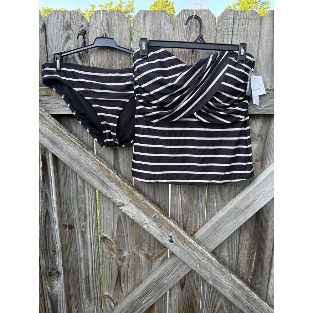 Liz Claiborne Women Black Tan Striped Bandeau Tankini Swimsuit Set Size 16 NWT